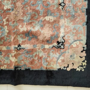 Textured high-pile rug featuring dusty rose and blue floral patterns surrounded by a wide black border.