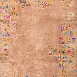 Rosy-brown rug with high pile texture features lush, multi-colored floral vines wrapping the outer edges.