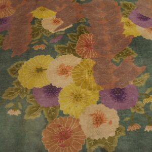 Plush rug featuring a dense pattern of yellow, purple, and orange flowers on a teal green ground.