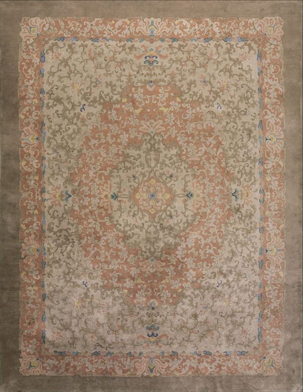 Low-pile rug with muted coral, beige, and taupe scrolling floral patterns and a dark gray outer border.