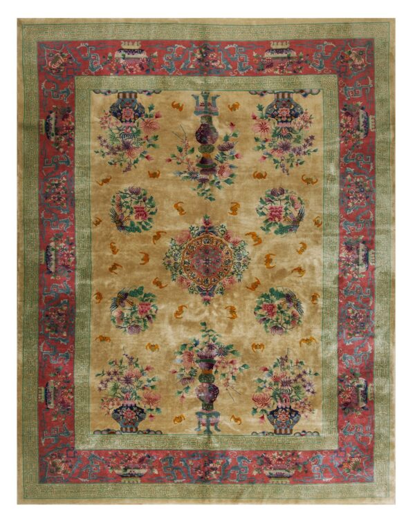 A golden beige rug featuring detailed floral vases and medallions, framed by red and sage borders.