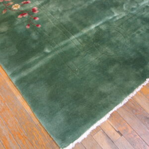 Variegated green rug with red floral pattern sits on rustic orange wood planks.