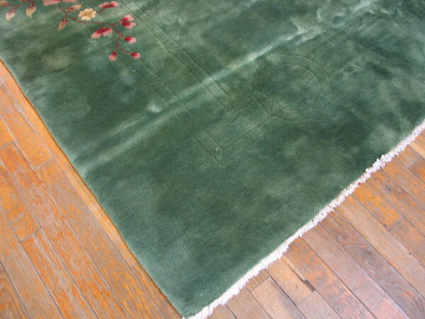 Variegated green rug with red floral pattern sits on rustic orange wood planks.