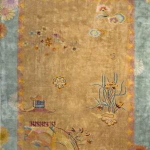 Golden-yellow high-pile rug featuring a blue border and scattered floral and architectural designs.