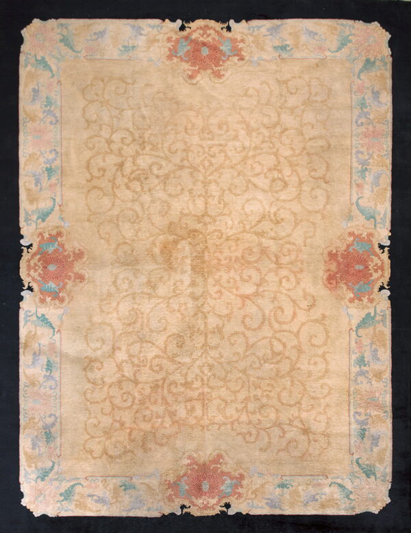 Tan rug with tonal scrolling patterns and a colorful pastel border on a black background.