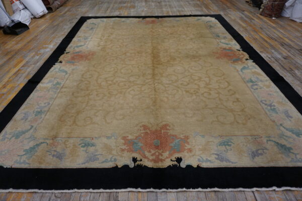 A large tan rug features tone-on-tone scrolling motifs bordered by pastel florals and a wide black edge on wood floors.