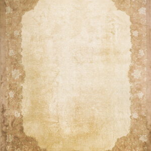 Full view of a distressed rug with a faded beige center and an ornate brown floral border.