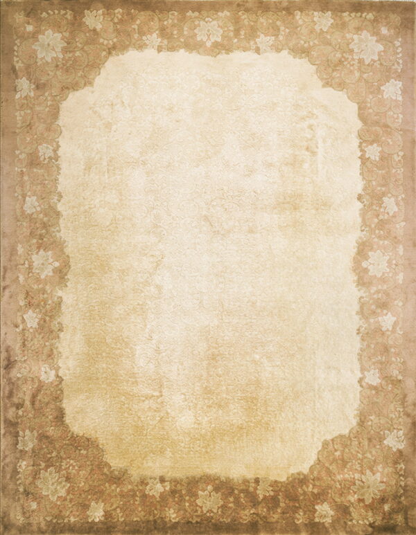 Full view of a distressed rug with a faded beige center and an ornate brown floral border.