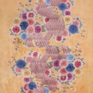 Low-pile golden rug with vibrant floral motifs and a raised, zigzagging textured mauve central panel.