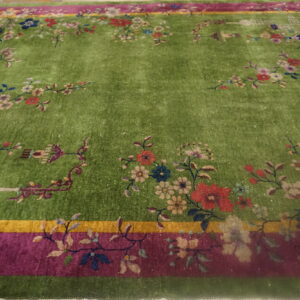 Green high-pile rug with colorful floral vines, magenta borders, and a solid center on wood flooring.
