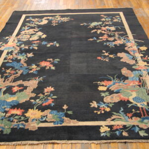 Dark rug with a multicolored floral and bird border and light frame on worn wood flooring.