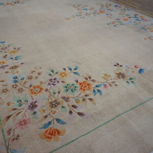 Tan rug with multicolored floral spandrels and a green outline rests on dark wood flooring.
