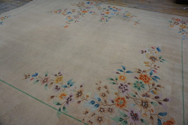 Tan low-pile rug featuring multi-colored scattered floral patterns and a thin green border on a wood floor.