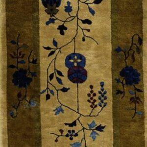 Gold runner rug with dark olive stripes and a vertical pattern of blue and purple floral vines.