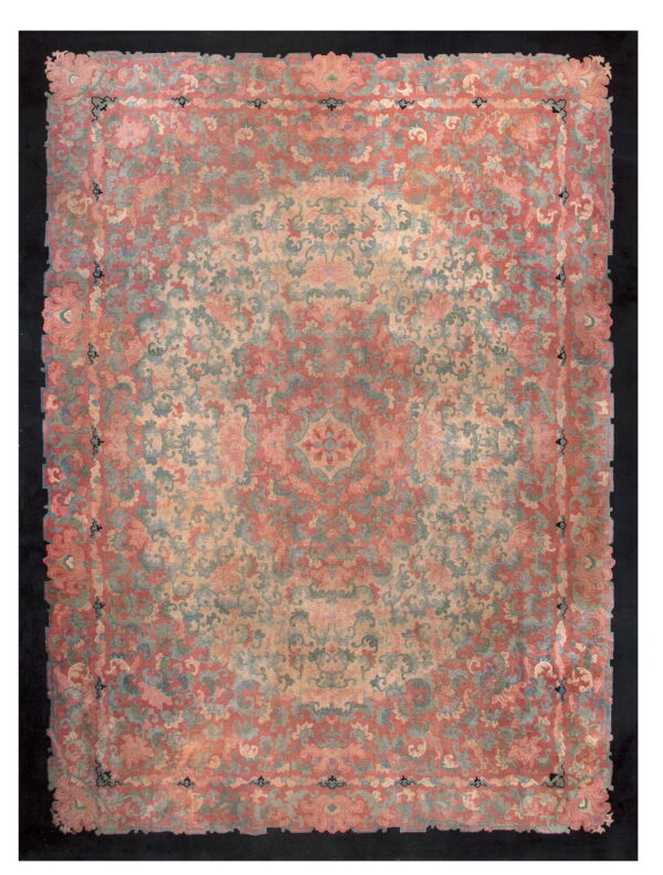 Muted pink and sage floral rug featuring a dense pattern and central medallion on a dark background.