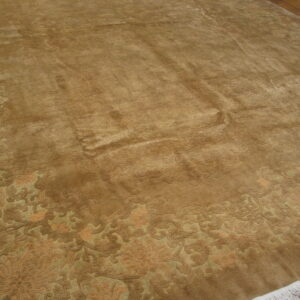 Brown velvety rug with a detailed floral border in tan and sage green, featuring white fringe on hardwood.