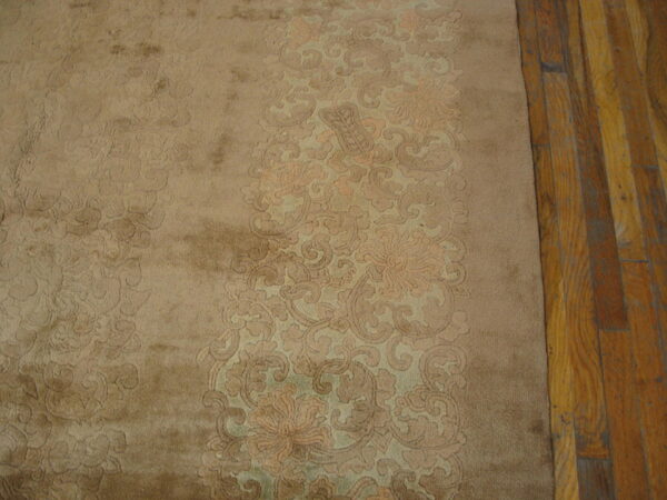 Muted tan rug with a carved floral and scrolling vine design bordering rustic plank hardwood flooring.