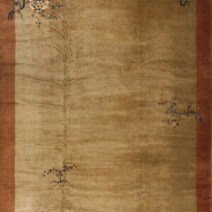 Smooth golden-taupe rug featuring a rust border and minimalist corner designs of colorful branches and birds.
