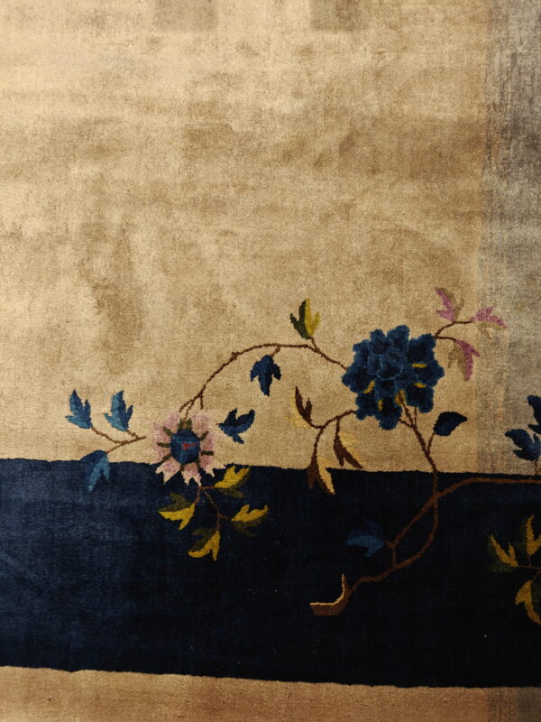 Plush tan rug detail showing blue and pink flowers along a navy border band.