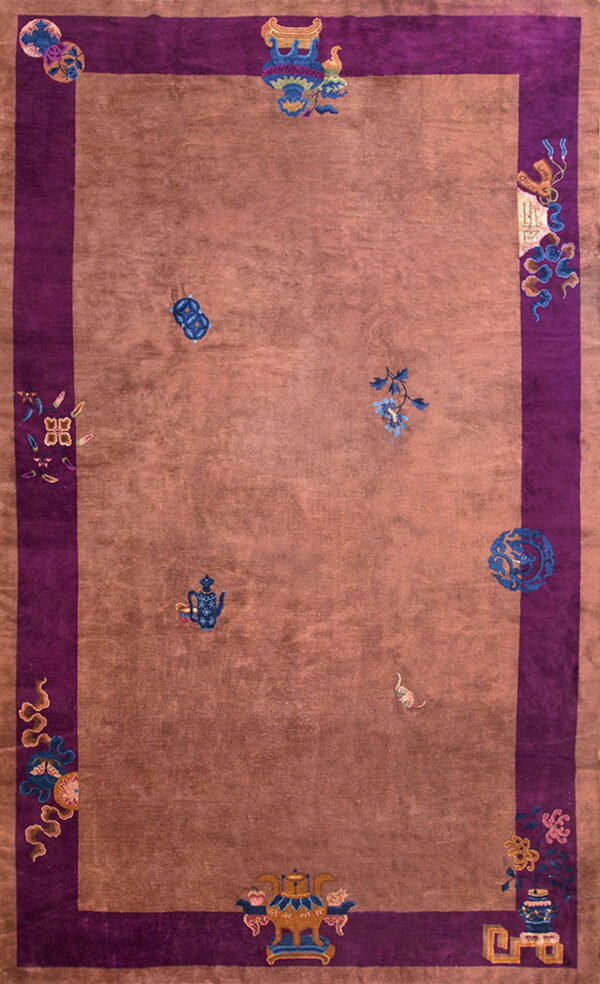 Mauve and purple rug featuring a wide border and scattered blue, gold, and pink decorative symbols.