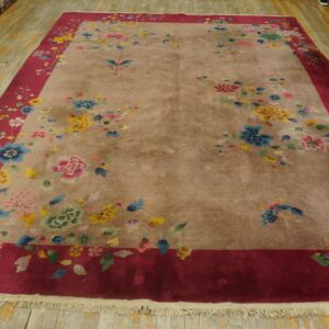 Large taupe rug with a red border and scattered multicolor floral and butterfly patterns on wood floor.