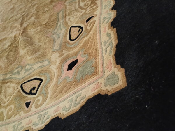 Close-up of a tan rug with pink, sage green, and black curvilinear patterns resting on dark flooring.