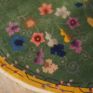 Green rug with colorful floral and vine patterns bordered by bright yellow rests on wood planks.