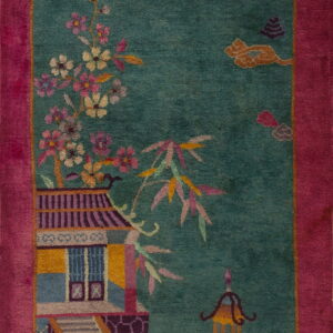 Bright magenta border frames a teal rug with a colorful pagoda, floral branches, and clouds.