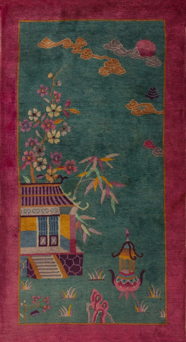 Bright magenta border frames a teal rug with a colorful pagoda, floral branches, and clouds.