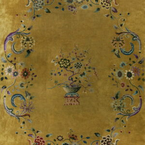 Plush chartreuse rug with a dense multicolored floral arrangement framing a central potted tree motif.