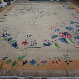 Beige rug featuring vibrant floral and bird patterns with a wide rust orange border on wood flooring.