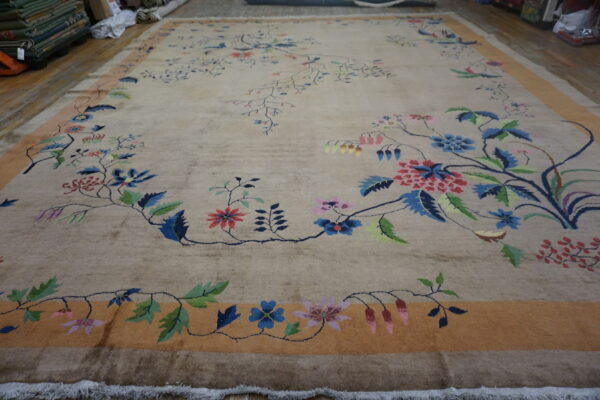 Beige rug featuring vibrant floral and bird patterns with a wide rust orange border on wood flooring.