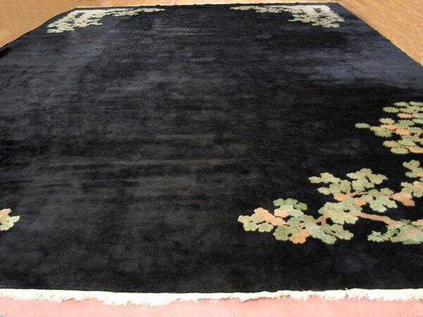 Dark, lustrous rug featuring large-scale green and tan branch motifs on the corners, displayed with white fringe.