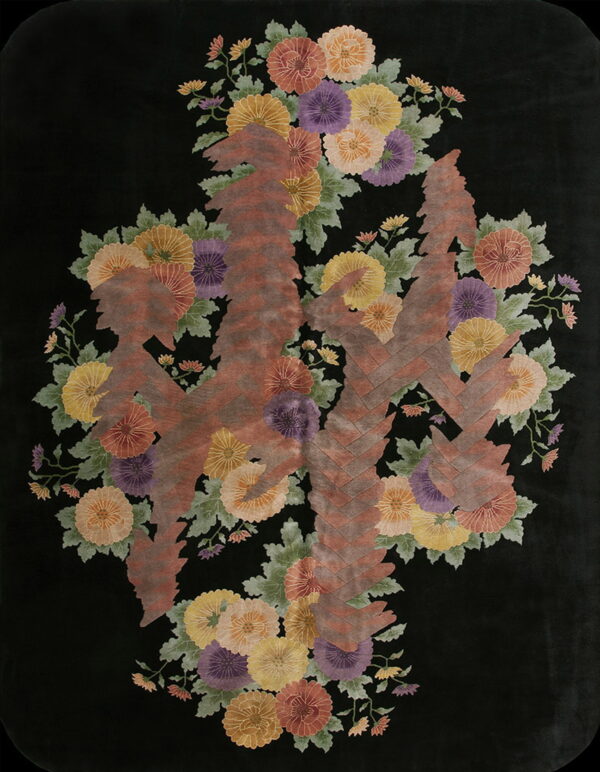 Black area rug featuring a colorful floral arrangement overlaid by large abstract brown textured forms.