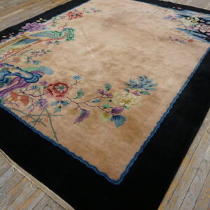 A medium-pile tan rug with vibrant floral and peacock patterns is framed by a thick black border on distressed wood.