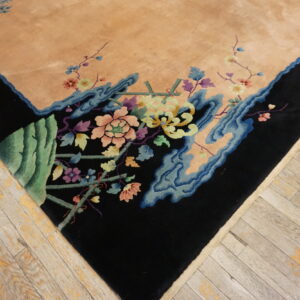 High-pile rug showing a light apricot field, black border, and colorful sculpted floral designs.