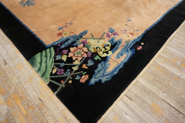 High-pile rug showing a light apricot field, black border, and colorful sculpted floral designs.