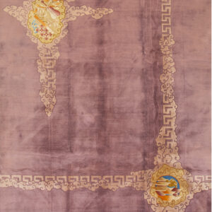 A mauve rug features a central yellow medallion with symbolic objects, surrounded by swirling cloud motifs.
