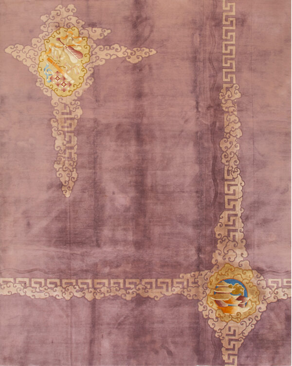 A mauve rug features a central yellow medallion with symbolic objects, surrounded by swirling cloud motifs.