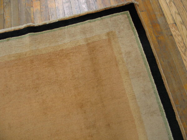 Tan area rug featuring broad black and thin green borders on rustic wood flooring.