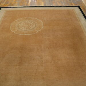 A light brown rug with a large cream medallion and black outer border rests on wooden plank flooring.