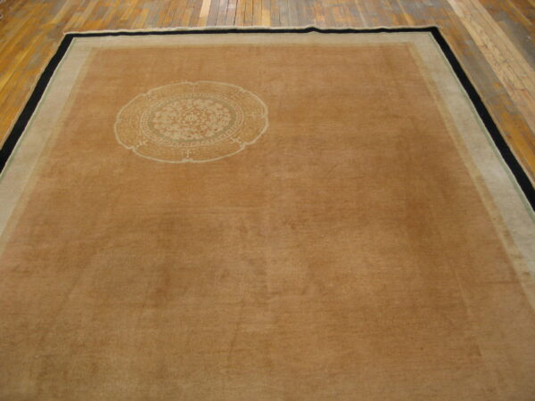 A light brown rug with a large cream medallion and black outer border rests on wooden plank flooring.