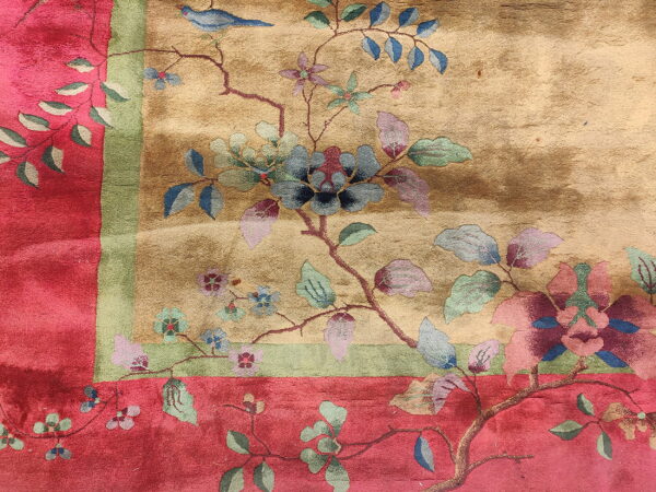 Tan field rug corner with red border and green stripe, featuring complex multicolored floral designs and a blue bird.
