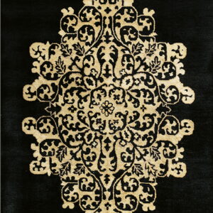 Plush black rug featuring an intricate, symmetrical floral medallion pattern in contrasting gold.