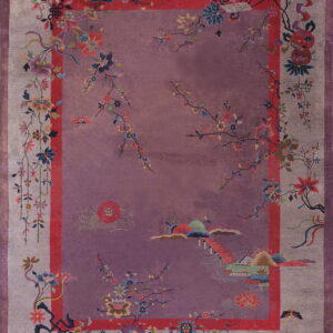 Mauve oriental rug with multicolored flowers, branches, and a detailed scenic landscape motif in the field.