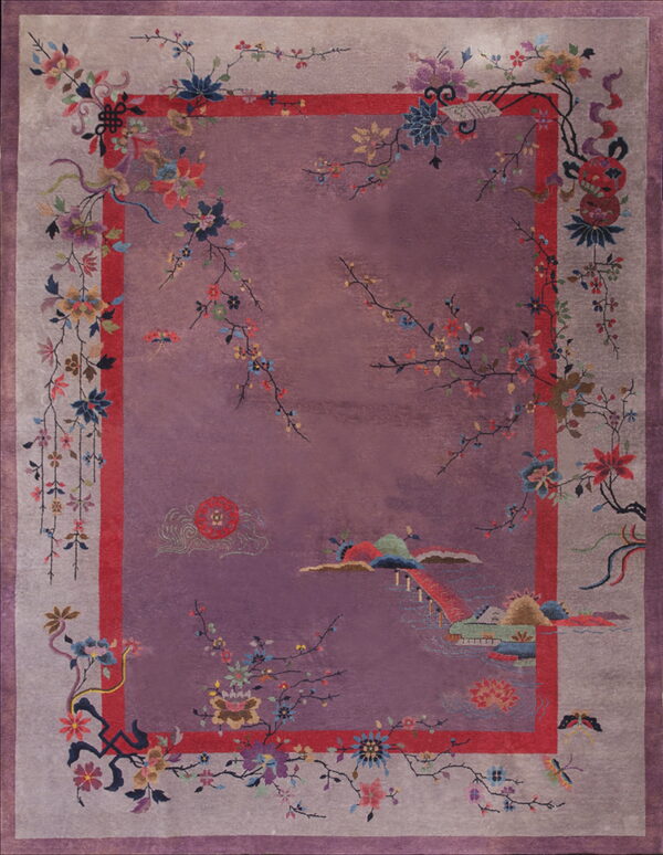 Mauve oriental rug with multicolored flowers, branches, and a detailed scenic landscape motif in the field.