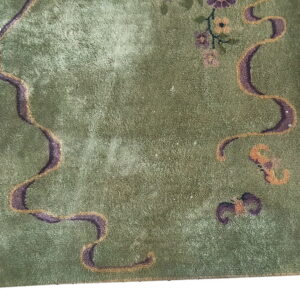 Close up of a green textured rug featuring curving purple and tan borders and floral accents.