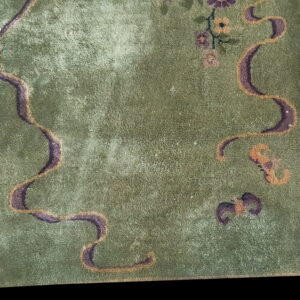 Green low-pile rug detail featuring winding purple and gold lines, small flowers, and a tan border against black.