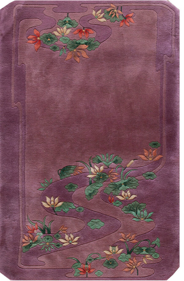 Purple rug with floral design.