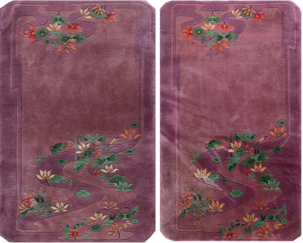 Purple rug with floral design.